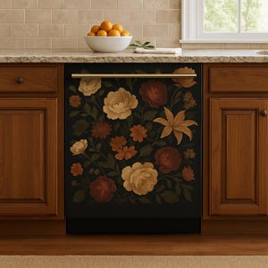 May include: A black dishwasher with a floral design featuring roses, lilies, and other flowers in shades of red, orange, yellow, and green. The dishwasher has a gold handle.
