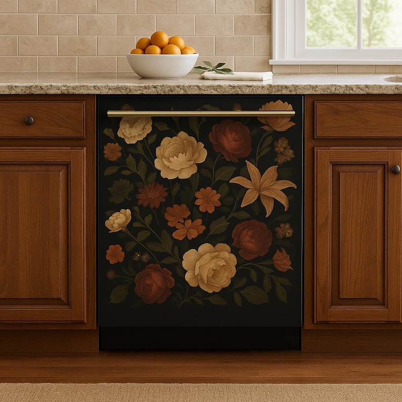 May include: A black dishwasher with a floral design featuring roses, lilies, and other flowers in shades of red, orange, yellow, and green. The dishwasher has a gold handle.