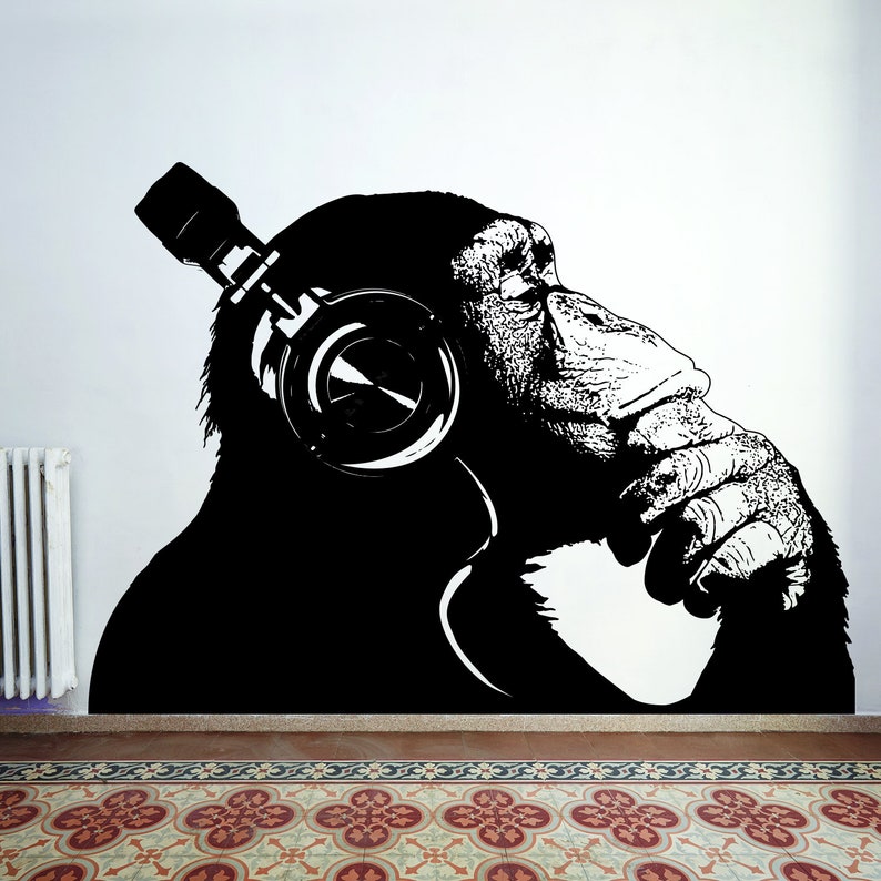 thinking monkey wall art sticker banksy dj chimp decal the | etsy