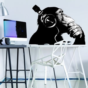 Banksy Wall Decal Thinking Monkey Art Sticker Dj Chimp The Thinker Gorilla With Headphones Home Decals Street Art Graffiti Mural Print image 7