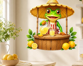 Weird Lemonade Frog Wall Vinyl Decal | Funny Frog Lemon Stand Sticker | Quirky Kitchen Wall Art | Kids Room Summer Decor