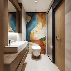 May include: A modern bathroom with a white toilet, a white sink, and a wooden vanity. The bathroom features a large abstract wall mural with blue, orange, and green colors.
