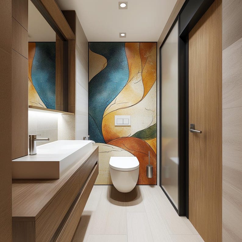 May include: A modern bathroom with a white toilet, a white sink, and a wooden vanity. The bathroom features a large abstract wall mural with blue, orange, and green colors.