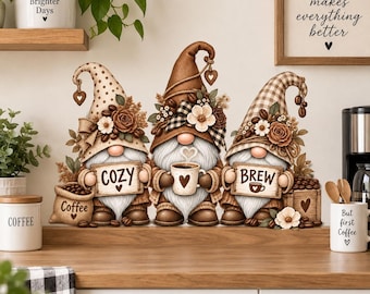 Coffee Gnome Wall Decal | Vinyl Kitchen Coffee Station Decor | Rustic Farmhouse Coffee Bar Wall Sticker | Cozy Cottage Kitchen Decor Art