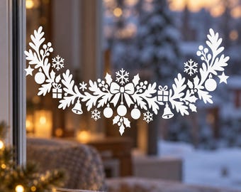 Christmas Garland Window Decal | White Holiday Window Decor | Botanical Ornament and Snowflake Vinyl Decal | Festive Glass Window Decoration