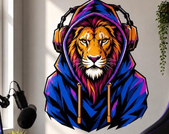 Lion in Hoodie Wall Vinyl Decal | Colorful Gamer Lion Sticker | Urban Streetwear Animal Wall Art | Teen Bedroom Gaming Room Decor