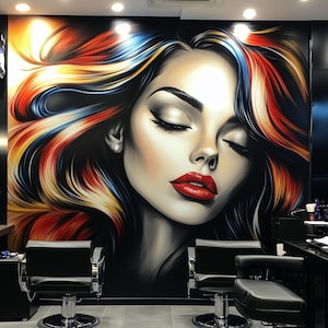 Bold Woman&#39;s Portrait Wallpaper Sticker for Barber Shop | Large Peel and Stick Wall Mural | Modern Salon Teen Beautiful Hair Decal Decor