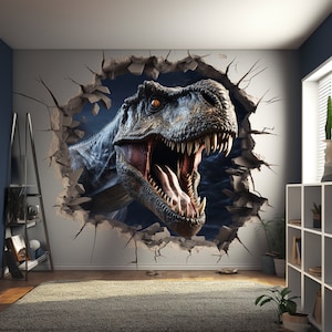 May include: A large, grey dinosaur head bursts through a cracked wall, its mouth open in a roar. The dinosaur's teeth are sharp and white, and its eyes are bright yellow. The background is a dark blue with a cloudy texture.