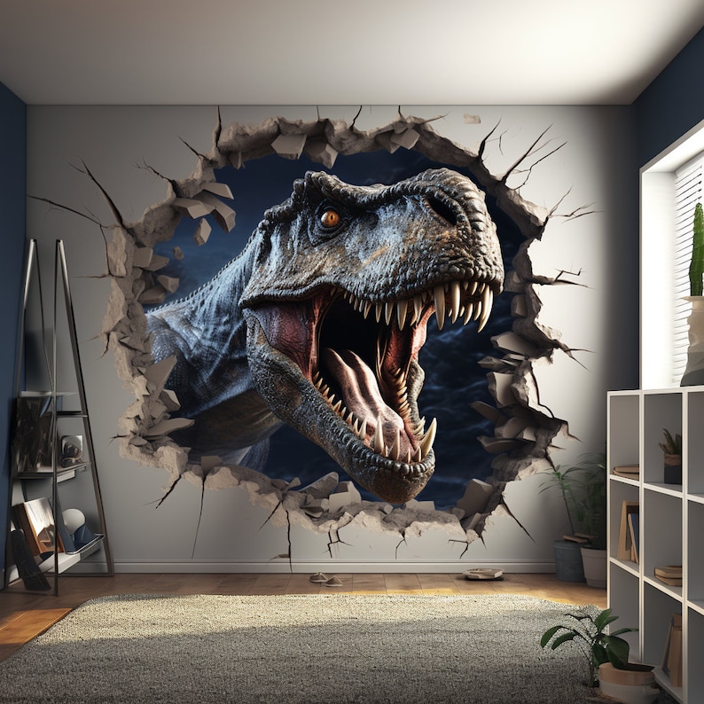 May include: A large, grey dinosaur head bursts through a cracked wall, its mouth open in a roar. The dinosaur's teeth are sharp and white, and its eyes are bright yellow. The background is a dark blue with a cloudy texture.