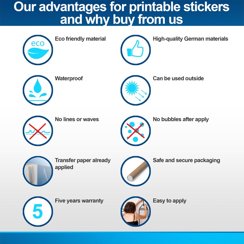 May include: A graphic with a blue background and white text that lists the advantages of printable stickers. The graphic features icons representing eco-friendly materials, waterproof, high-quality German materials, can be used outside, no lines or waves, no bubbles after apply, transfer paper already applied, safe and secure packaging, five years warranty, and easy to apply.
