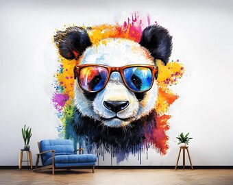 Vinilo decorativo de panda bebé colorido / Pegatina de oso con gafas de sol en acuarela / Decoración adorable de panda para la habitación del bebé / Divertidos vinilos decorativos para la pared de la habitación infantil