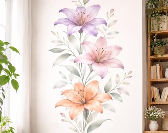 Watercolor Lily Wall Decal | Purple Pink and Peach Floral Mural | Sophisticated Botanical Art | Vertical Flower Sticker | Elegant Wall Decor