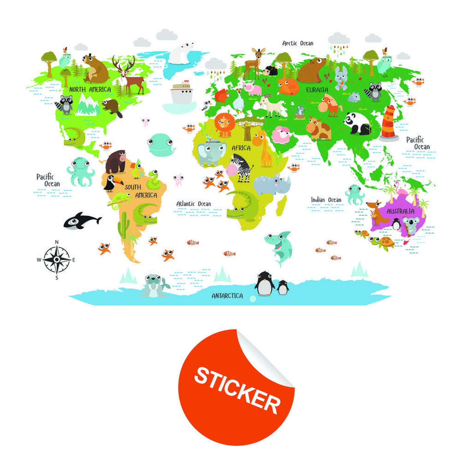 Kids World Map Wall Decal - Country Animal Room Decor Vinyl Sticker for ...