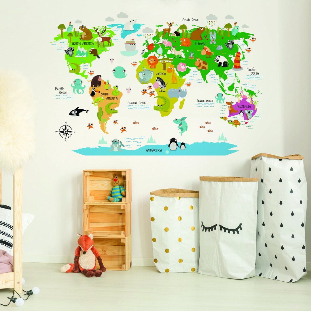 Kids World Map Wall Decal - Country Animal Room Decor Vinyl Sticker for ...