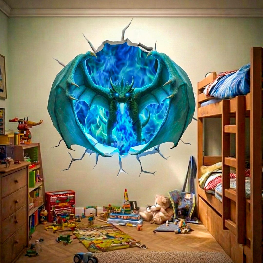 3D Blue Fire Dragon Wall Decal | Epic Fantasy Portal Mural for Teen ...