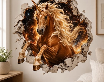 3D Broken Wall Unicorn Wall Decal | Cosmic Galaxy Horse Wall Sticker | Fantasy Bedroom Decor | Vinyl Wall Art | Kids Bedroom Wall Decor