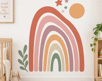 Boho Rainbow Wall Decal | Earth Tone Nursery Wall Decor | Retro Sun and Stars Vinyl Wall Sticker | Gender Neutral Baby Room Decor | Playroom