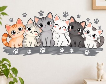 Cute Cartoon Cats Wall Decal | Kawaii Cat Wall Sticker | Paw Print Nursery Decor | Kids Room Animal Wall Decor | Vinyl Cat Lover Wall Art