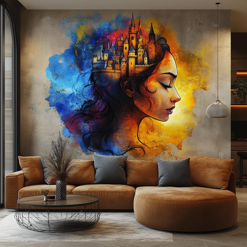 Fantasy Castle Wall Art Sticker Vibrant Woman Portrait Vinyl Decal for