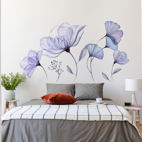 Floral Wall Vinyl Sticker Mural - 3d Blue Flowers Stick Peel Living Room Decor Decal - Furniture Bathroom Blossom Art Transfers Wallpaper