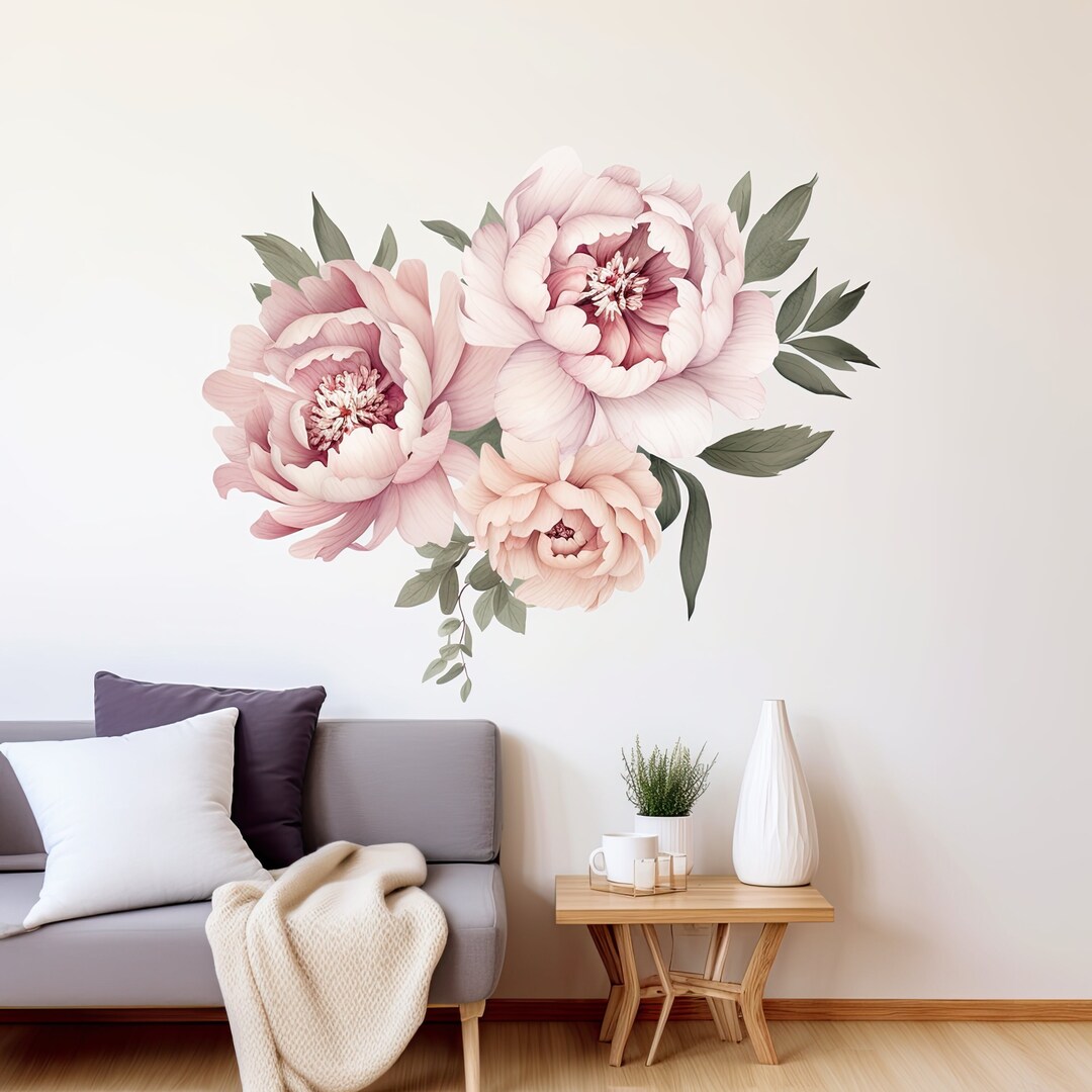Elegant Peony Flowers Wall Decal - Watercolor Floral Peel and Stick ...