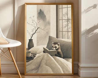 Roan Ferret Reading in Bed Poster | Japanese Zen Sumi-e Ferret Wall Art | Warm Ivory Fog Gray Decor | Minimalist Bedroom Print
