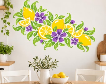 Lemon and Purple Floral Wall Decal | Citrus Vinyl Wall Sticker for Kitchen | Botanical Dining Decor | Mediterranean Inspired Kitchen Decor