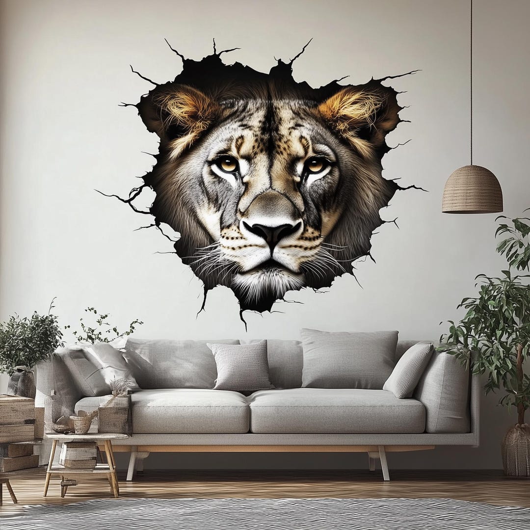 3D Lion Wall Decal | Realistic Cracked Wall Safari Mural | Wild Animal ...