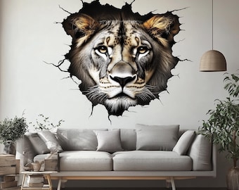3D Lion Wall Decal | Realistic Cracked Wall Safari Mural | Wild Animal Vinyl Sticker | Living Room Office Statement Art | Peel & Stick