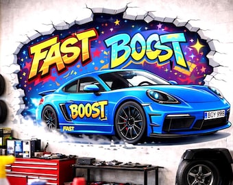 3D Blue Race Car Wall Decal | Graffiti Sports Car Mural | Fast Boost Wall Sticker | Boys Room Decor | Kids Playroom Art | Car Through Wall