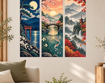 Japanese Landscape Wall Decal | Triptych Wall Sticker | Sakura Mountain Decor | Torii Gate Koi Art | Asian Home Living Room Wall Decorations