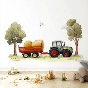 Farm Tractor Wall Decal | Hay Bales Farm Scene Wall Sticker | Nursery Wall Art | Kids Room Farm Decor | Removable Tractor Mural for Boys