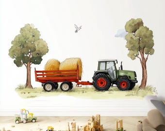 Farm Tractor Wall Decal | Hay Bales Farm Scene Wall Sticker | Nursery Wall Art | Kids Room Farm Decor | Removable Tractor Mural for Boys