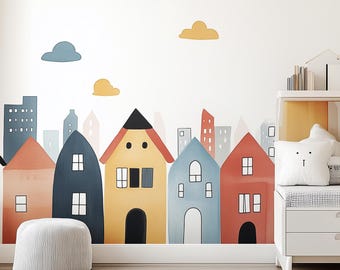 Colorful Town Wall Decal | Whimsical Cityscape Nursery Wall Sticker Art | Removable Kids Room Wall Sticker | Playful House Wall Decor