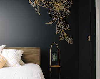 Calcomanía de pared con diseño floral dorado en esquina, minimalista, con líneas florales, elegante mural botánico, decoración moderna de vinilo para dormitorio.
