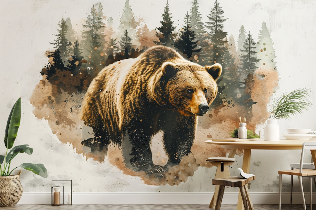 Bear in Forest Wall Sticker - Textured Art Vinyl Nature Bruin Decal ...