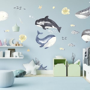 Sea Whales Wall Sticker For Kids Room Decor - The Under Ocean Life Baby Boy Nursery Decal - Fish Theme Classroom Peel And Stick Decoration
