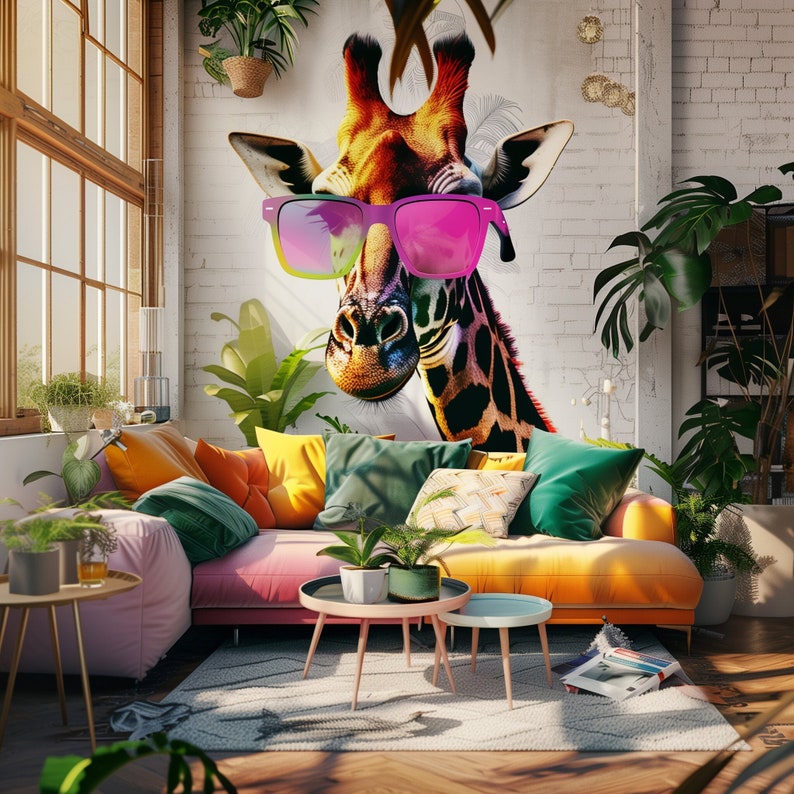 May include: A living room with a pink, yellow, and orange sectional sofa. The sofa has green and yellow throw pillows. A giraffe wearing sunglasses is on the wall behind the sofa. There are plants in pots on the floor and coffee tables.