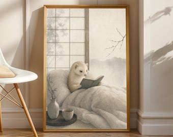 Champagne Ferret Reading in Bed Poster | Japanese Zen Sumi-e Ferret Wall Art | Warm Ivory Fog Gray Decor | Minimalist Bedroom Print