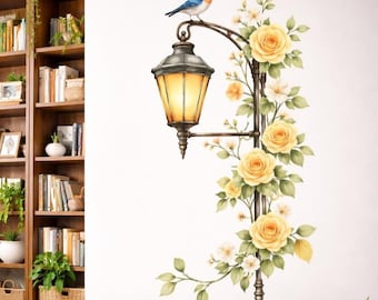 Floral Street Lamp Decal | Yellow Rose Wall Art | Watercolor Lantern Sticker | Vintage Garden Mural | Shabby Chic Flower Decor