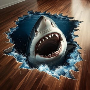 Peut inclure: Un grand requin blanc, de couleur blanche, avec la gueule ouverte, semble remonter d'une fissure dans un plancher en bois. Le requin est entouré d'eau bleue et d'écume blanche.