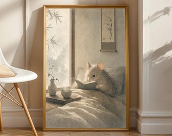 Long Haired Mouse Reading in Bed Poster | Kyoto Sumi e Ink Wash Wall Art | Warm Ivory and Fog Gray Illustration | Zen Bedroom Decor
