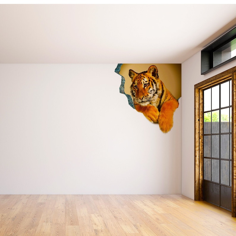 3d Tiger Sticker - Tiger Porthole Decoration Wall Decal For Bedroom- Boy Room Optical Illusion Of Crack - The Peel And Stick Kid Art image 1