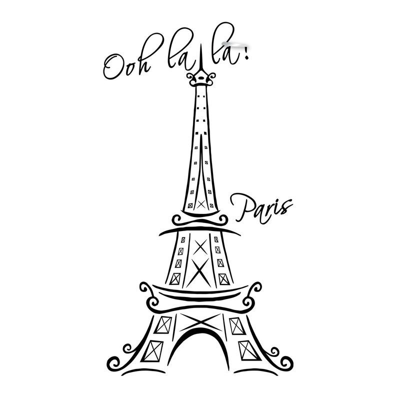 May include: A black and white line drawing of the Eiffel Tower with the text "Ooh la la!" above it and "Paris" to the right.