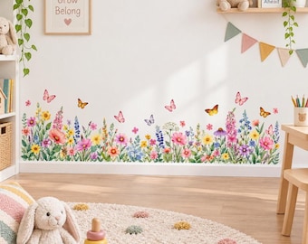 Wildflower and Butterfly Wall Decal | Watercolor Floral Meadow Wall Sticker | Nursery Playroom Garden Decor | Vinyl | Floral Wall Border