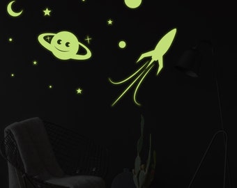 Leuchtender Planet Rakete, Sterne, Mond Deckenaufkleber - Wandtattoo im Dunkeln leuchtend - Halbmond leuchtendes Wandbild Kinderzimmer