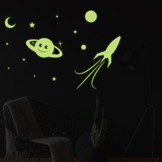 Glowing Planet Rocket Stars Moon Ceiling Sticker Glow In The Dark Wall Decal Crescent Luminescent Mural Kids Room Free Decal Gift