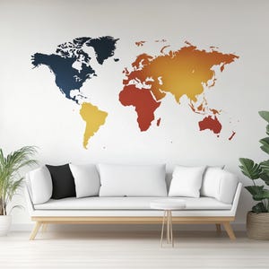 Weltkarte Wandtattoo | Großer moderner Reise-Vinyl-Aufkleber | Minimalistische Geographie Wandkunst | Büro Wohnzimmer Dekor | Schälen & Aufkleben
