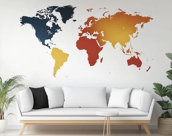 Weltkarte Wandtattoo | Große Bunte Vinyl-Karte Aufkleber | Modernes Wohnzimmer Wand Dekor | Abnehmbares Peel and Stick Map Wandbild | Weltkarte Kunst