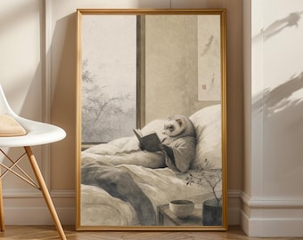 Silver Ferret Reading in Bed Poster | Japanese Zen Sumi-e Ferret Wall Art | Warm Ivory Fog Gray Decor | Minimalist Bedroom Print